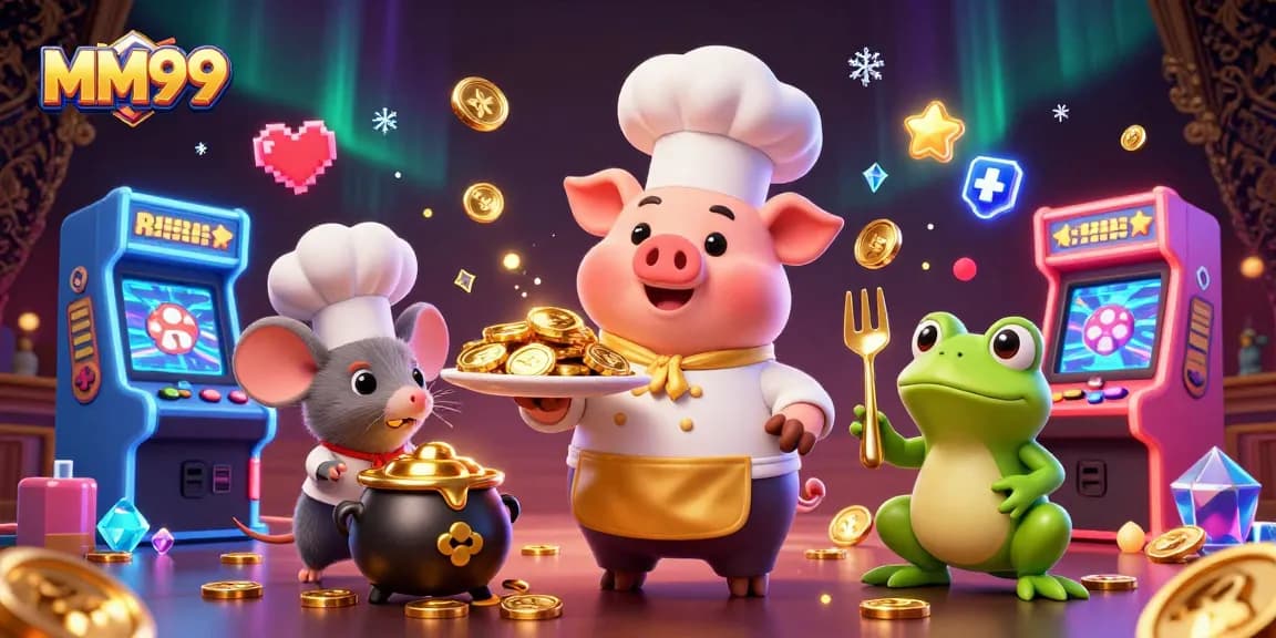 Experience the vibrant excitement of MM99 with our 3D scene featuring a chef pig serving gold coins amidst colorful casino gaming elements.