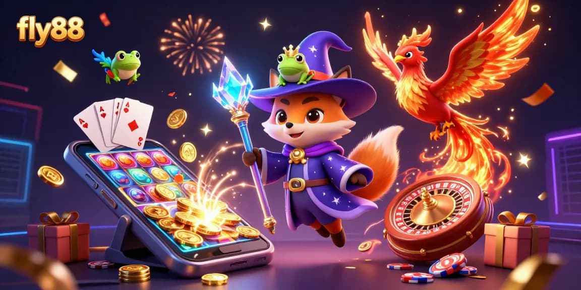 Experience the thrill of fly88 with an enchanting wizard fox amidst vibrant slot games and casino elements.