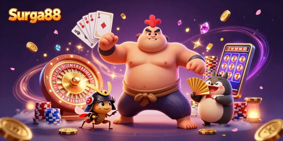 Experience the excitement of Surga88 with vibrant casino action and colorful characters.