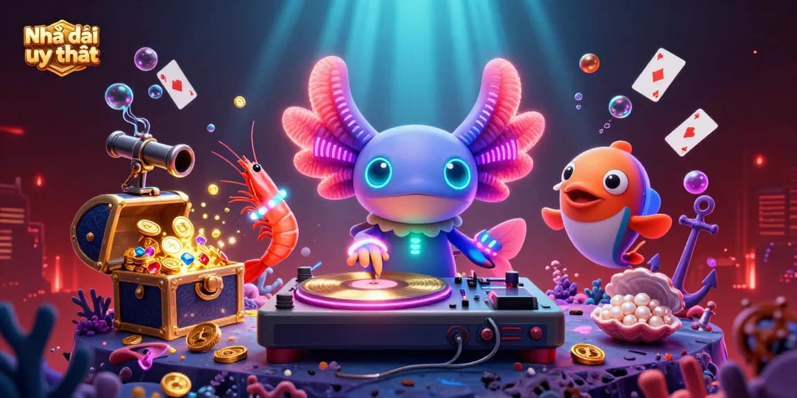 Experience the thrill of Nhà cái uy tín with an energetic casino-themed underwater party illustration.