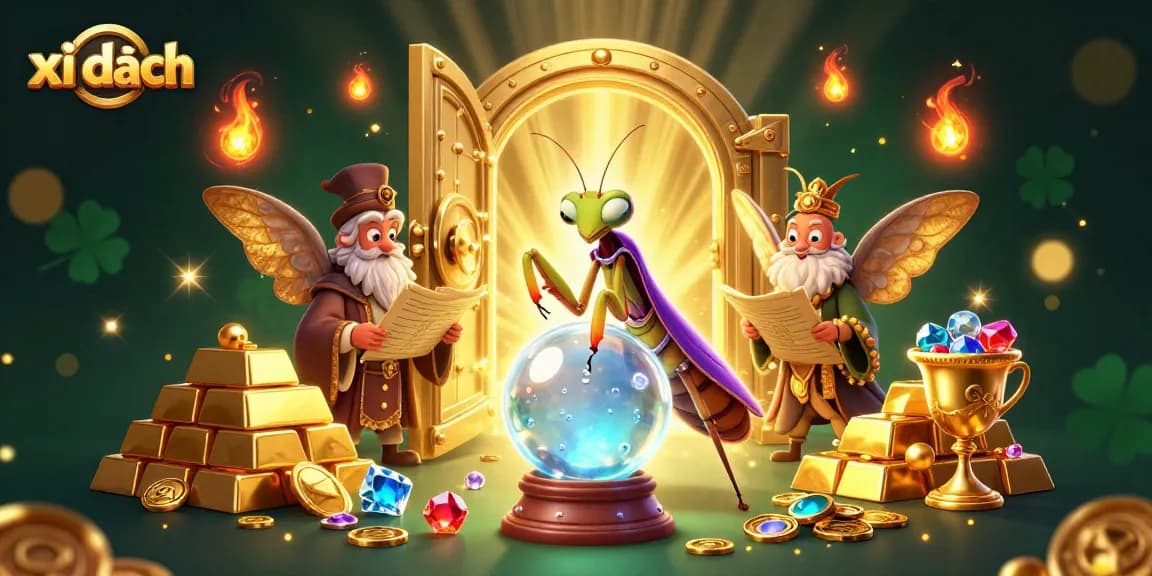 xì dách card game scene featuring a fortune teller and librarian among golden treasures