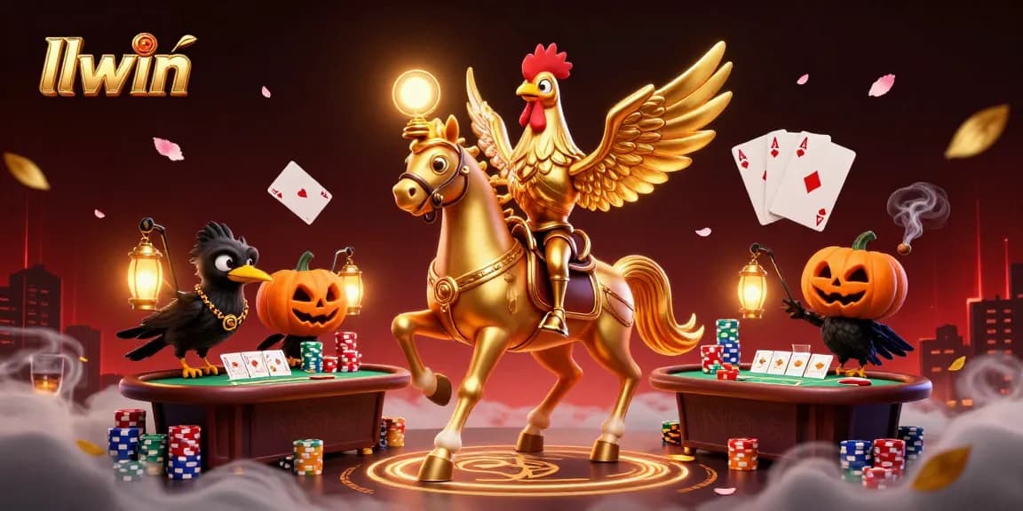 Engage in thrilling casino gaming with llwin’s vibrant scene featuring a golden rooster and poker elements.