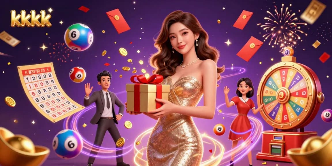 Experience the excitement of kkkk with vibrant lottery elements and a stunning welcoming character.