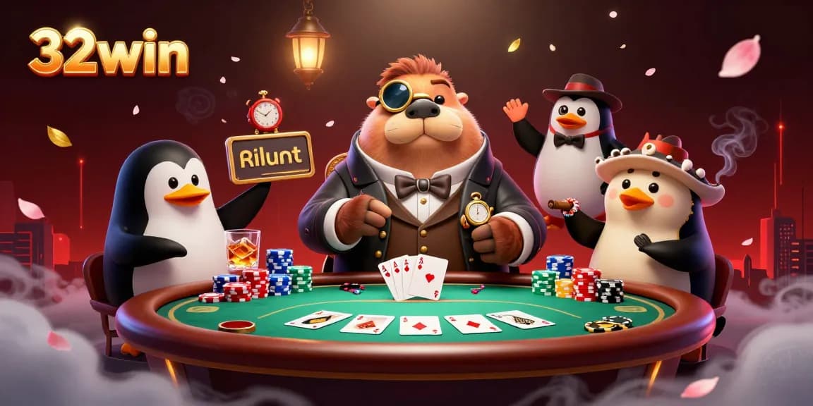 Experience high-stakes poker with 32win's lively underwater scene featuring playful characters.