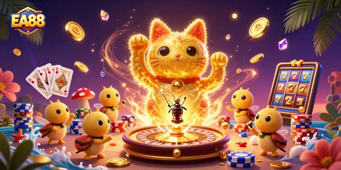 Experience EA88's vibrant casino world with a lucky cat embodying joy, showcasing slots and poker elements.