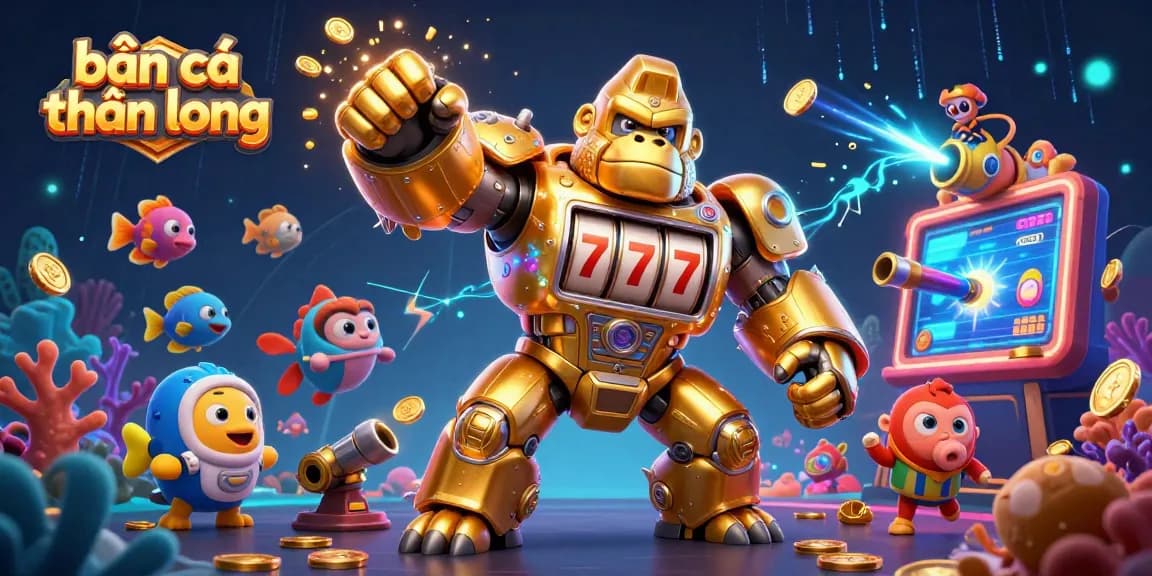 bắn cá thần long features a golden gorilla mech launching a dynamic fish game with underwater elements.