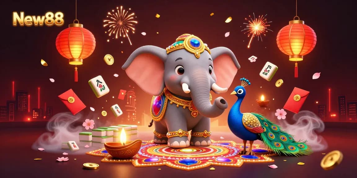 Experience excitement with New88 as 3D characters celebrate amidst casino-themed visuals and festive elements.