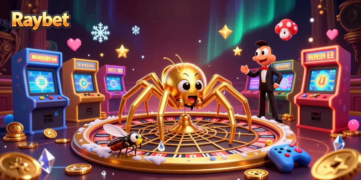 Raybet showcases a detailed 3D casino scene with vibrant characters interacting in a roulette-themed web.