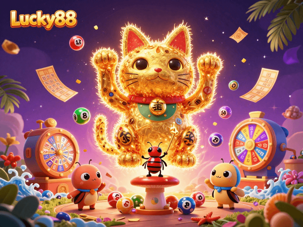 Experience exciting wins at Lucky88 with vibrant casino symbols and colorful lottery elements!