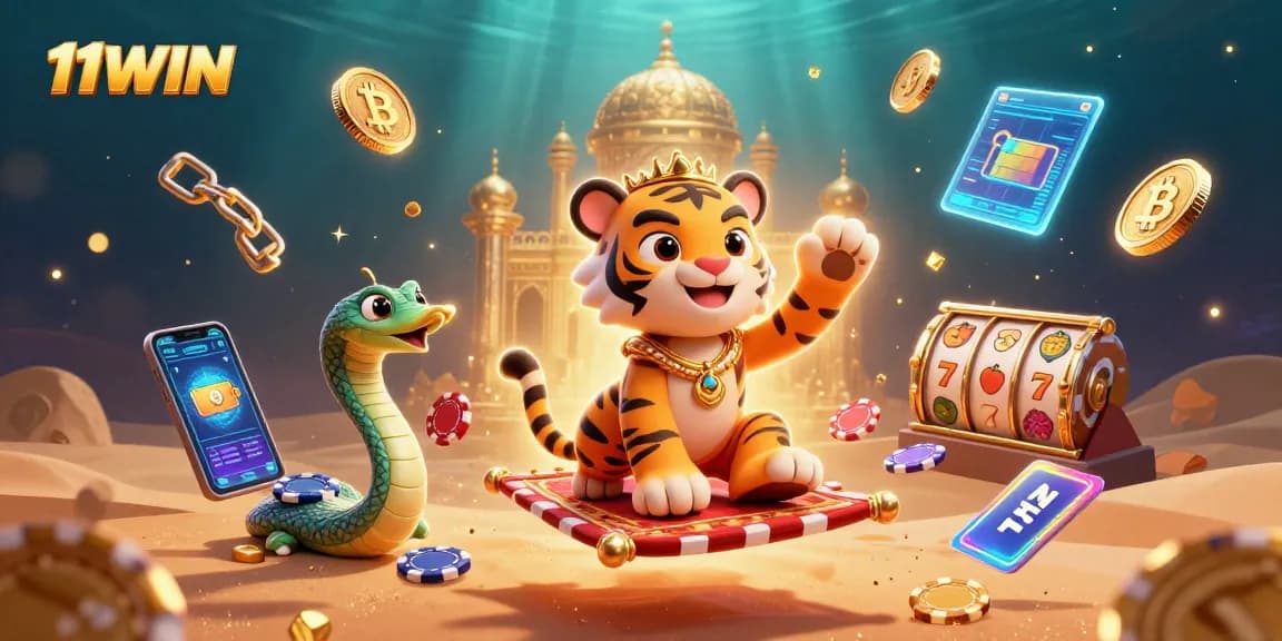 Experience the vibrant world of 11WIN with 3D cartoon characters and crypto elements in this casino-themed artwork.