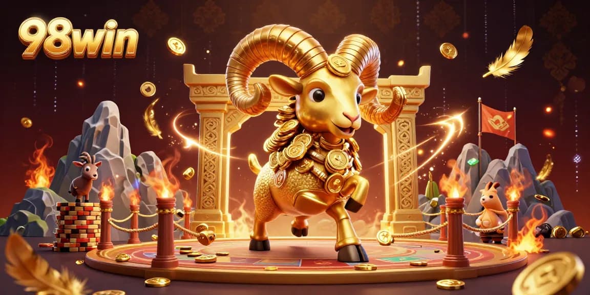 Experience the thrill of gaming with 98win's animated golden ram and vibrant casino elements.