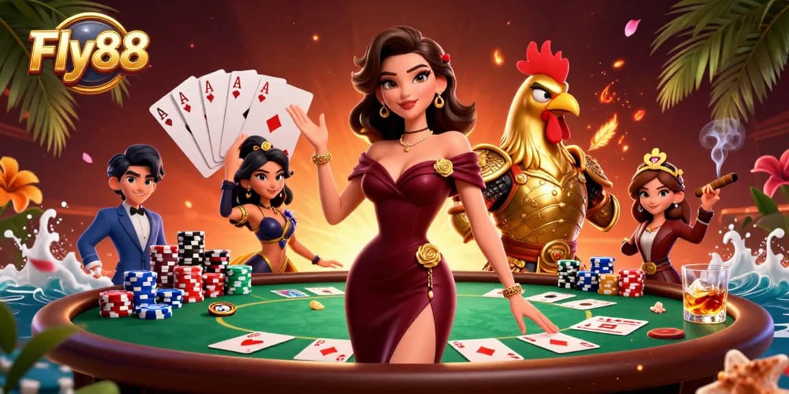 Experience thrilling poker action with Fly88 in a vibrant, glamorous casino scene.