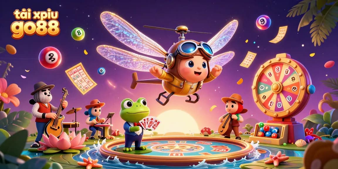 Engage in tài xỉu go88 gaming with a vibrant scene featuring animated characters and dynamic gambling elements.