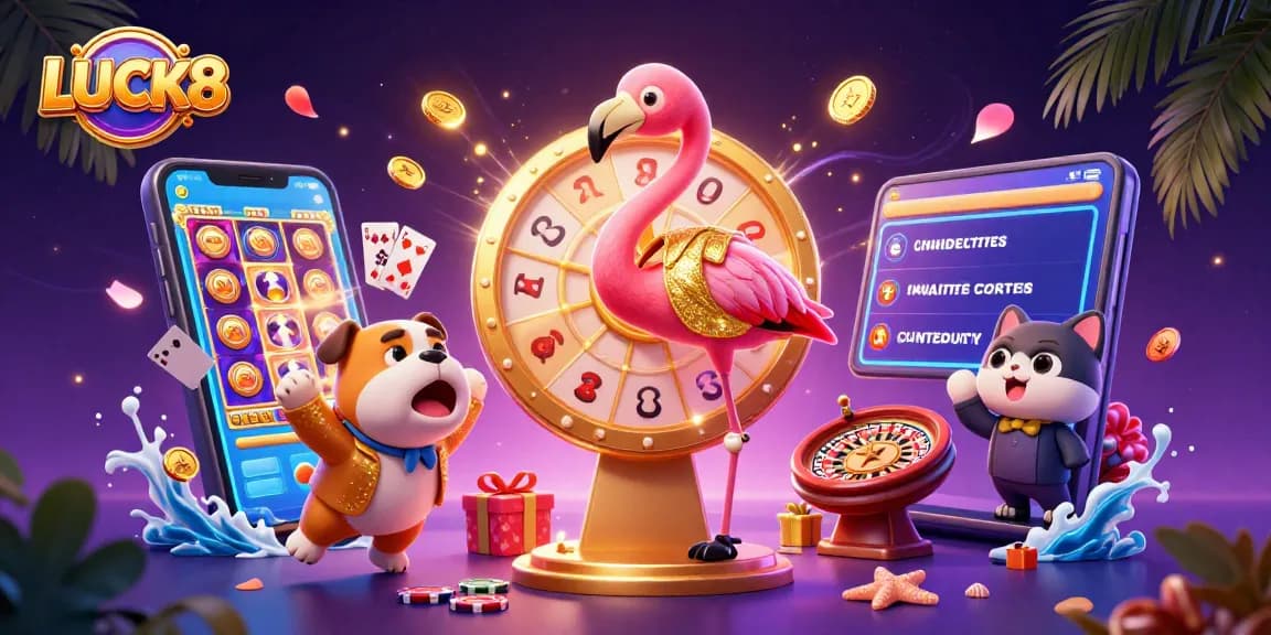 LUCK8 captures exciting gameplay with vibrant casino elements in a 3D illustration.