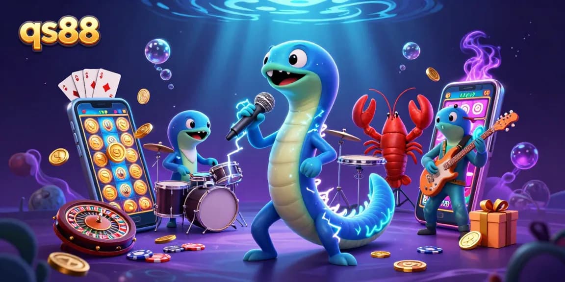 Engaging qs88 illustration with a DJ electric eel leading an underwater casino band