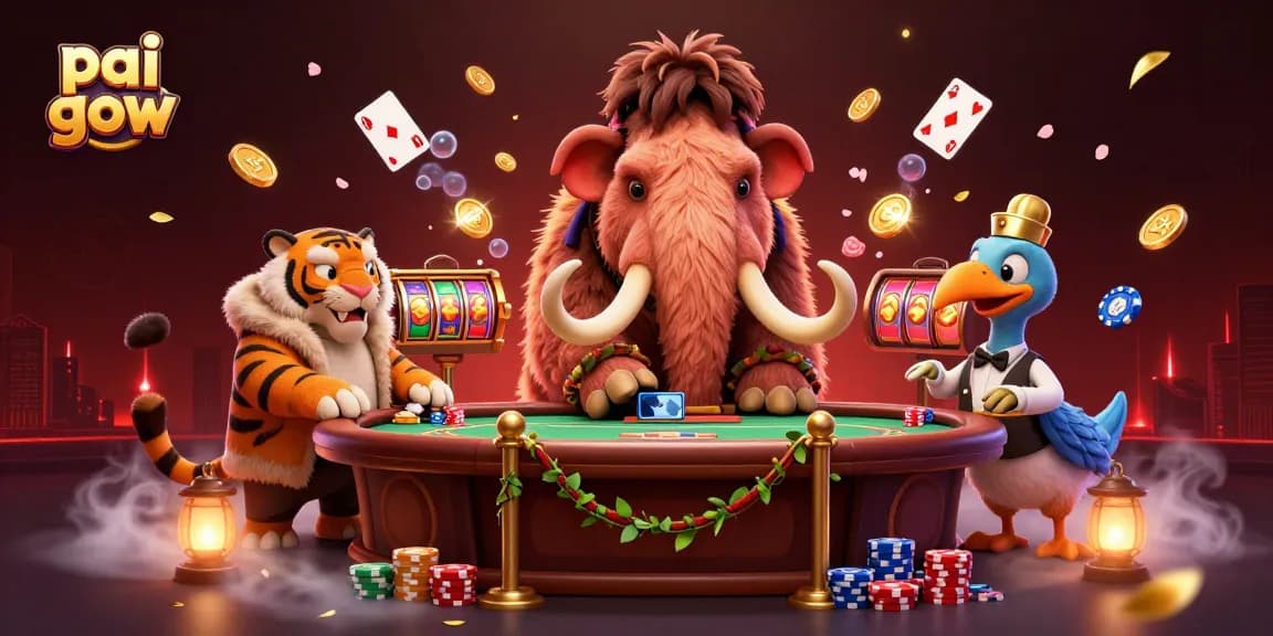 Pai Gow gameplay scene featuring vibrant poker elements, a woolly mammoth bouncer, and a saber-tooth tiger in style.