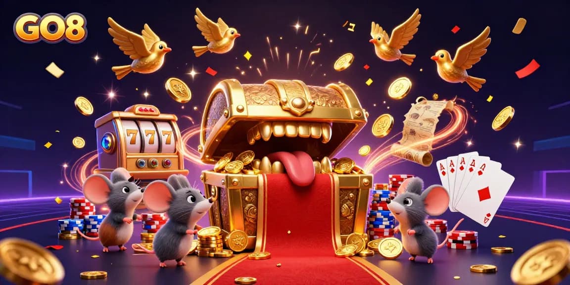 Join the excitement at GO8 casino with vibrant 3D slots, treasure chests, and dynamic gaming elements.