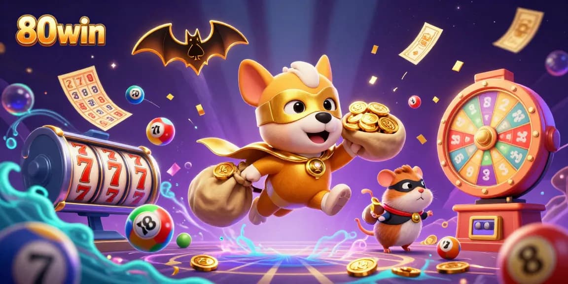 Engage with 80win's exciting games as a superhero dog and hamster take flight amidst vibrant casino elements!