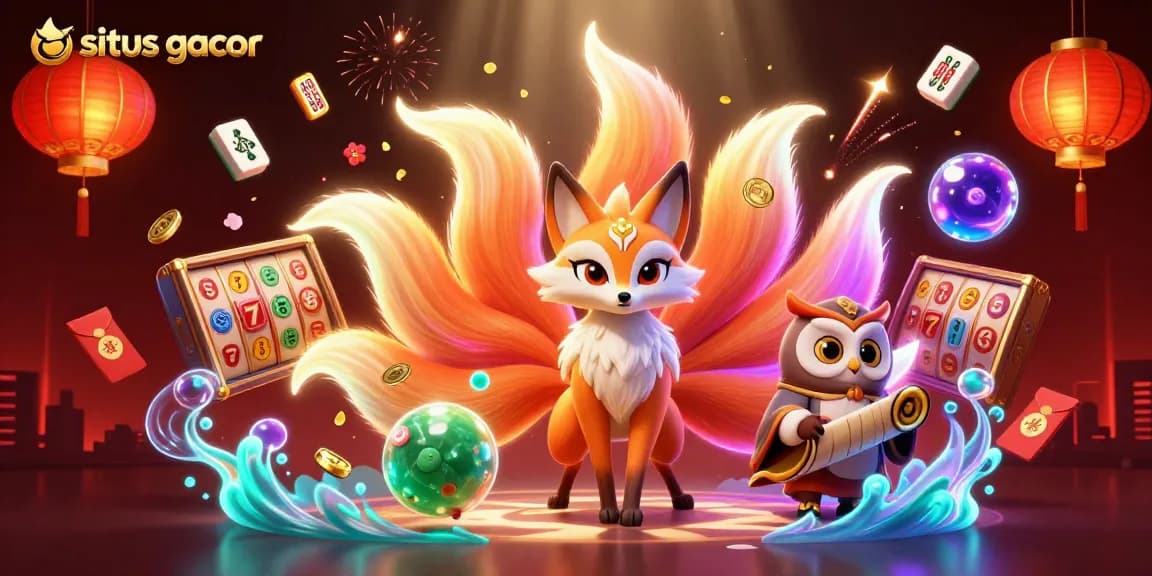 Experience situs gacor with colorful gaming elements and mystical characters in this vibrant illustration.