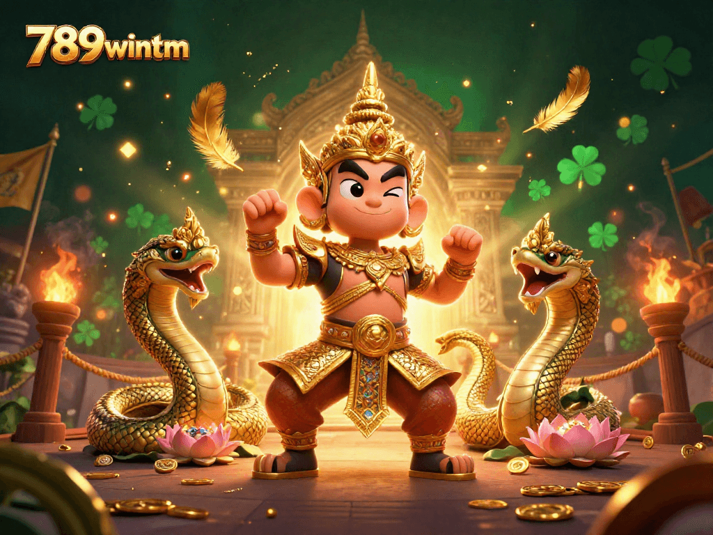 Engage with the vibrant gaming atmosphere at 789wintm, featuring a spirited yaksha guardian and Naga serpents.