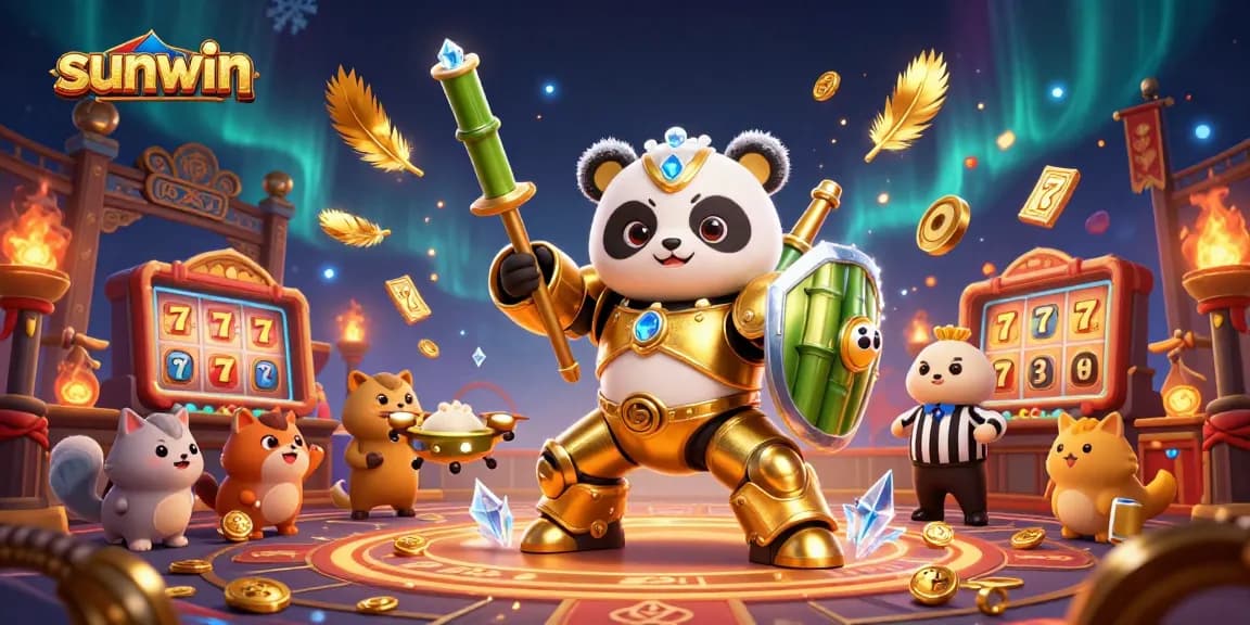 Experience sunwin's vibrant casino battle scene with a golden panda in a mech-suit.