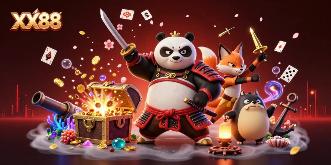 Experience the vibrant action with XX88's thrilling samurai panda and ninja fox in a dynamic gaming scene.