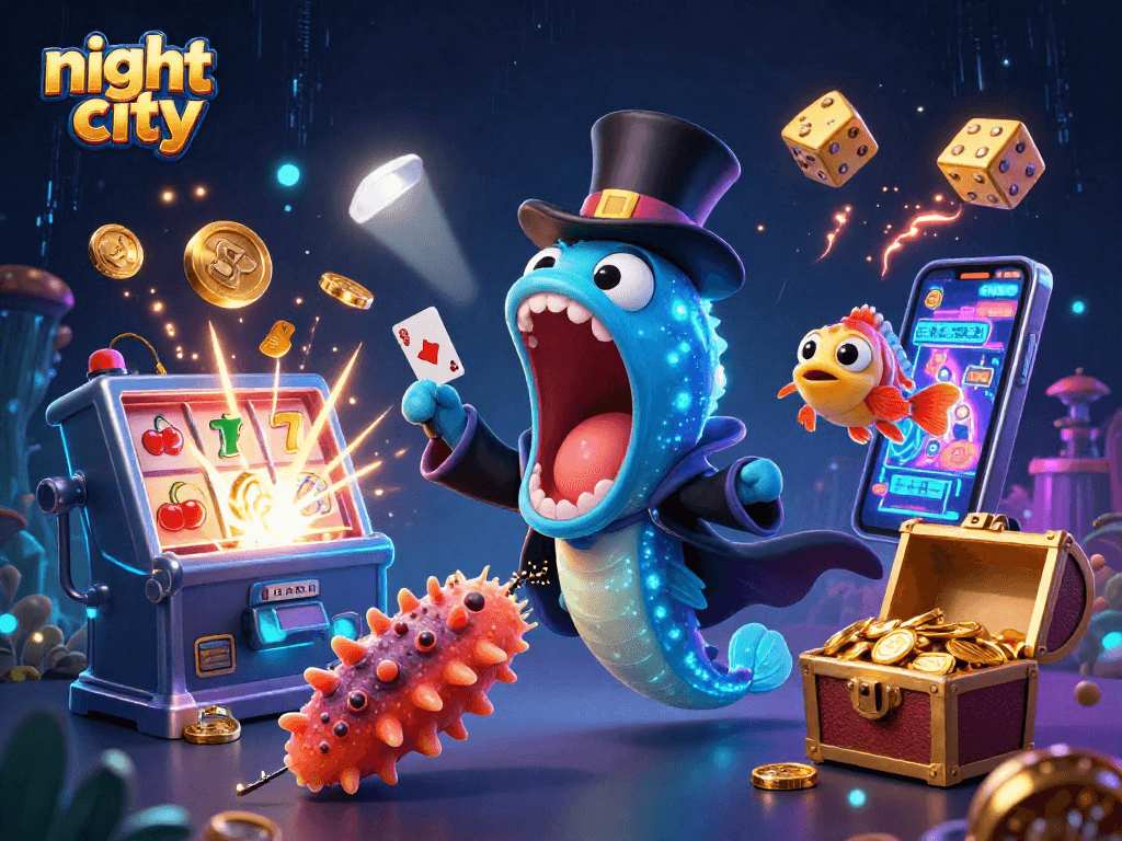Engage in the thrilling night city casino adventure with vibrant imagery of deep-sea characters performing exciting games.