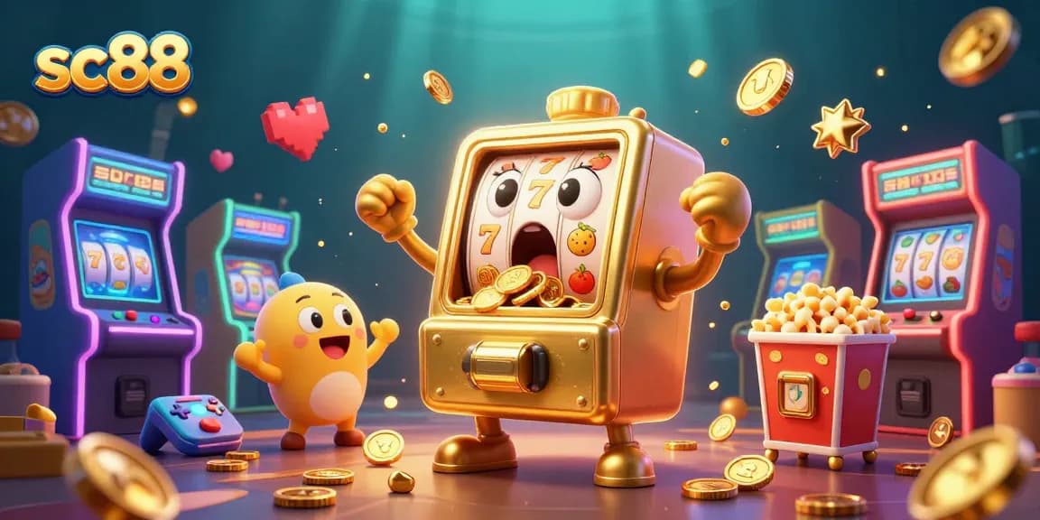 sc88 slot machine hitting jackpot amidst cheering characters and rich casino elements