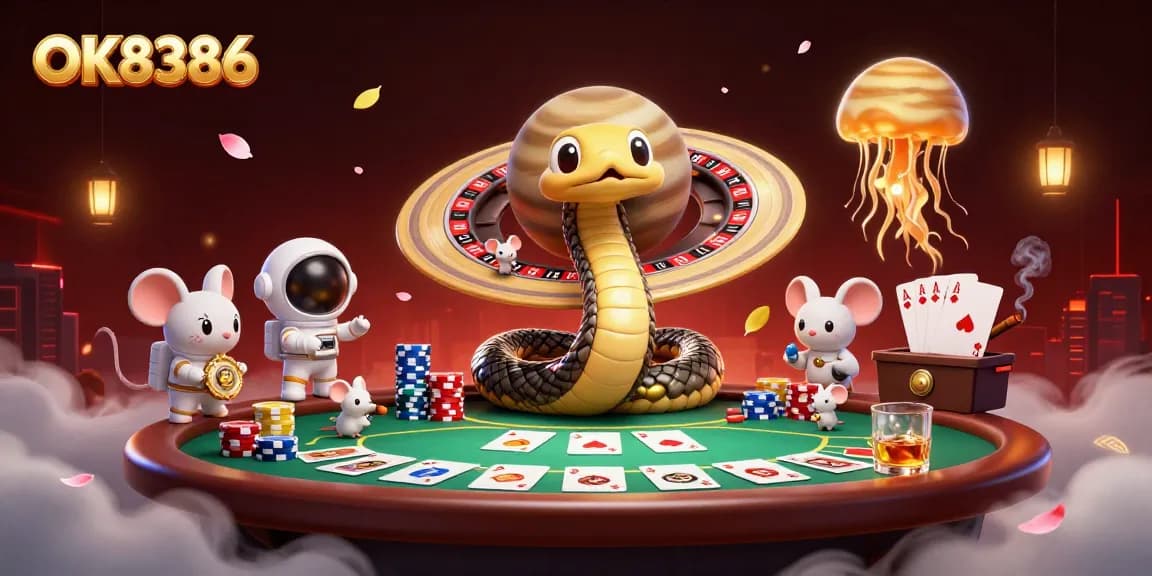 Engage with OK8386's exciting casino scene featuring astronaut mice betting in space.