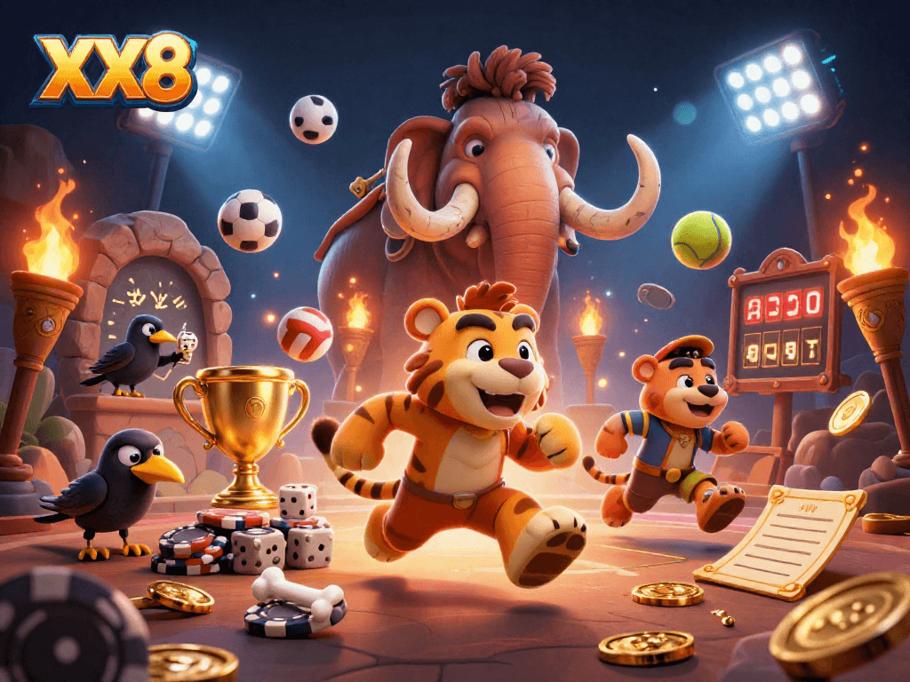 Engage with the lively XX8 casino scene featuring a caveman duo and sports betting elements.