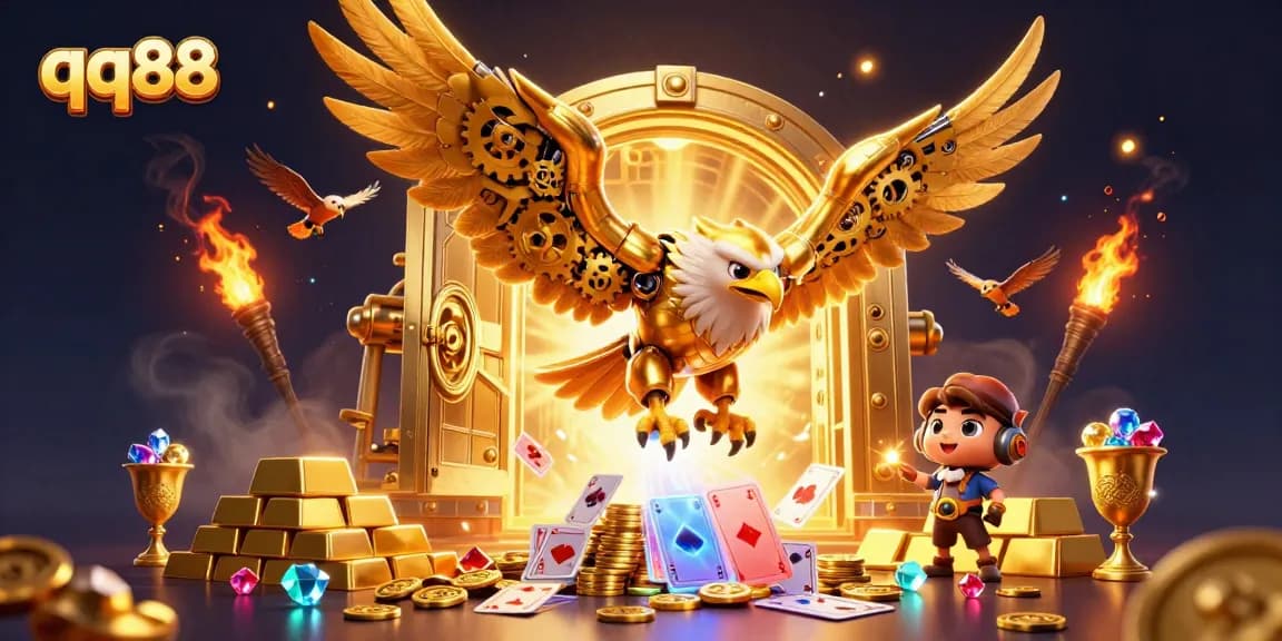 Experience the thrill of winning at qq88 with a dynamic 3D illustration of an eagle diving through casino elements.