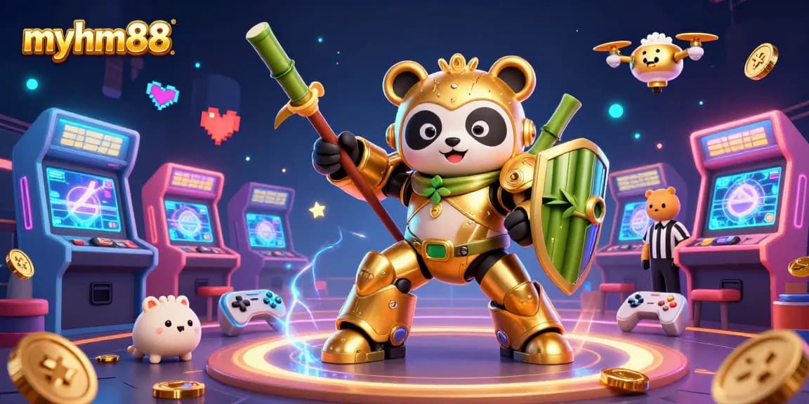 Engage with the exciting world of myhm88 as a golden panda battles in a vibrant casino arena filled with thrilling game elements.