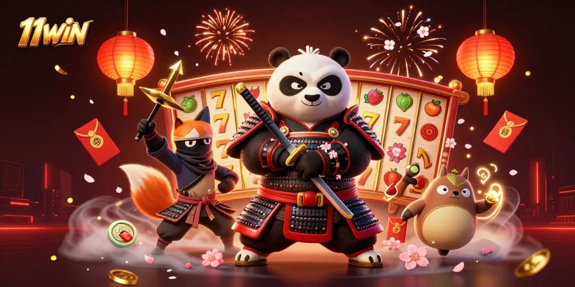 Engage with 11WIN's dynamic 3D samurai panda, ninja fox, and spirit tanuki in an exciting casino scene.