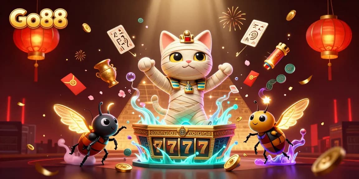 Engage with Go88's exciting 3D casino scene featuring a mummy cat and vibrant games.