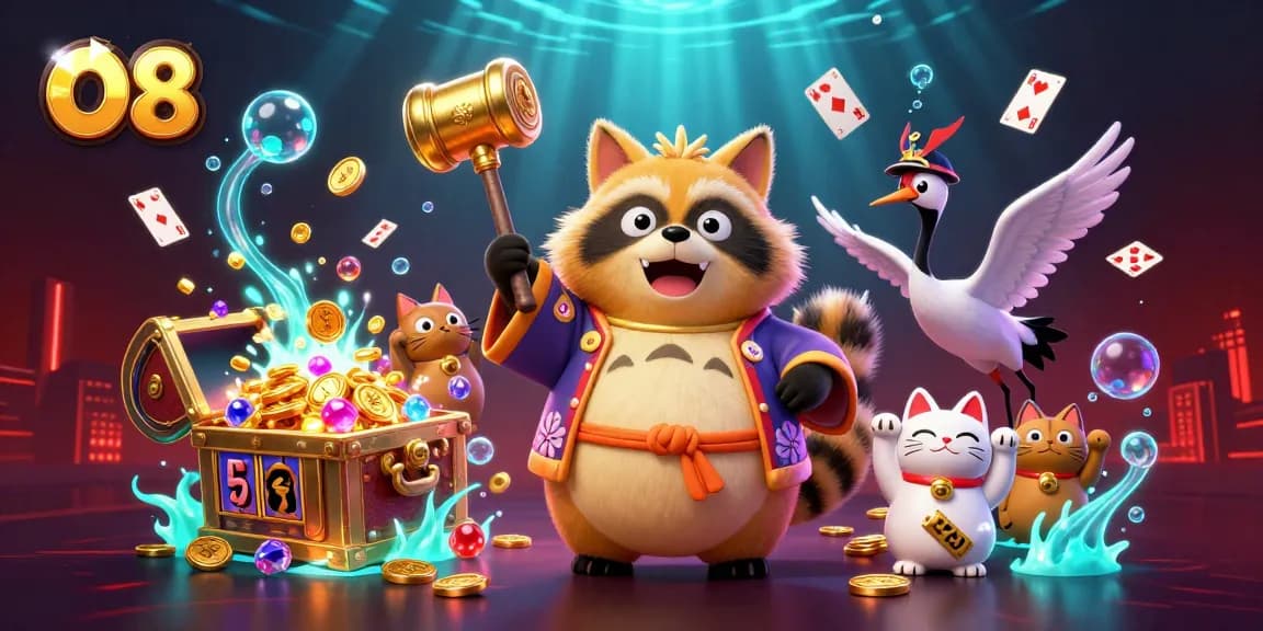 Engage in exciting gaming adventures at O8, featuring vibrant characters and dynamic casino elements.