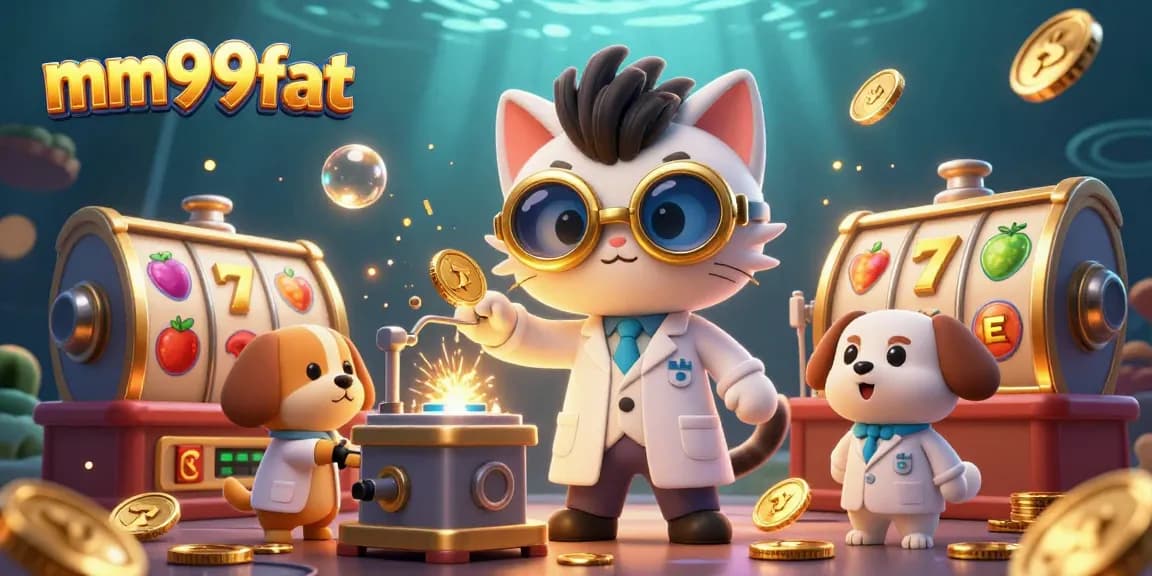 mm99fat players winning big with a mad scientist cat producing gold coins in a dynamic casino scene.