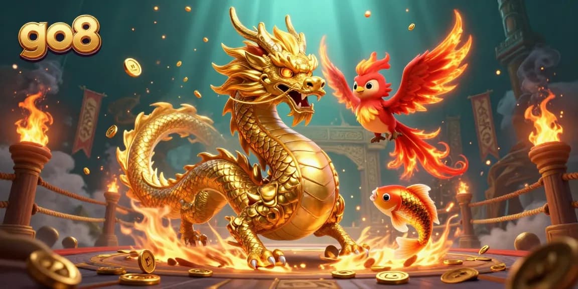 Experience the thrill of go8 as a golden dragon and red phoenix soar through a glittering game world.