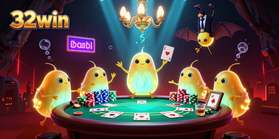 32win casino scene showcasing a vibrant glowworm team lighting up the poker table for winning plays.