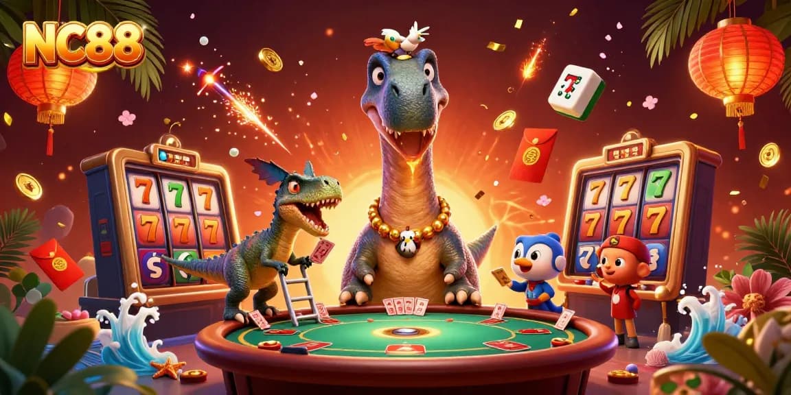Engaging gameplay at NC88 with a fun, dynamic scene featuring a dinosaur and raptor in a casino setting.