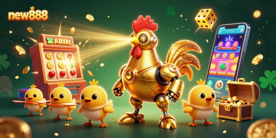 Engage with new888 as the golden rooster robot leads an exciting casino adventure filled with jackpots and vibrant games.