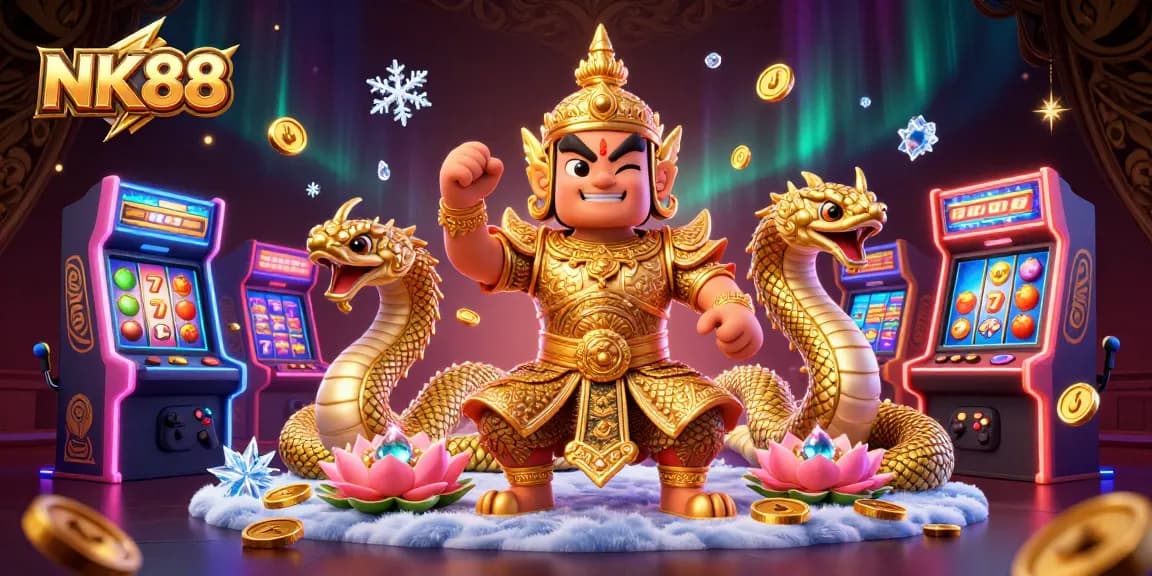 Experience NK88's vibrant gaming atmosphere with cartoon guardians and casino elements.