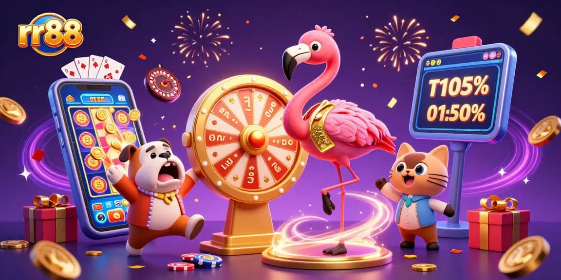 Win big on rr88 with a lively casino scene showcasing exciting characters and vibrant games.