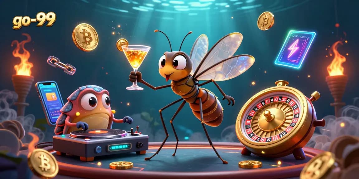 Experience excitement with go-99 as the frozen mosquito mascot holds a golden cocktail, leading an engaging casino scene.