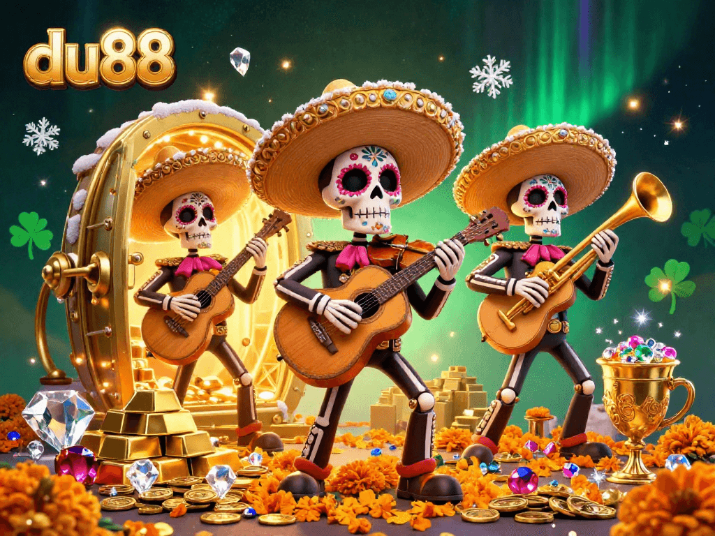 Experience du88's vibrant mariachi band amidst treasures in this lively casino illustration.