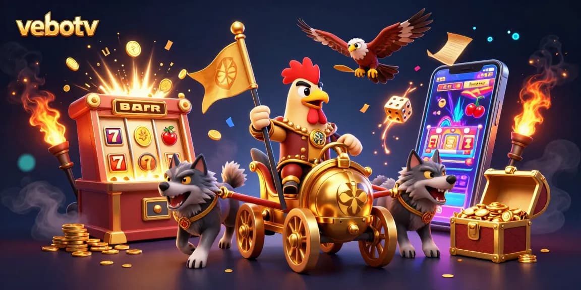 Catch the excitement of vebotv with a golden war chariot and gaming revelry in this dynamic 3D illustration.