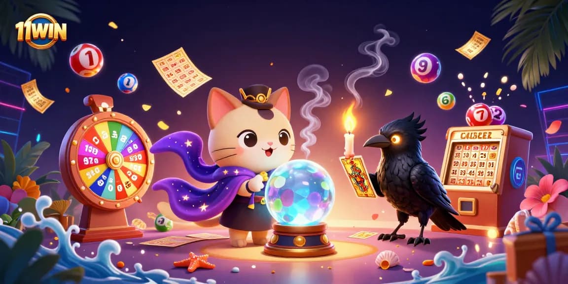 Engage in thrilling lottery excitement with 11WIN, featuring vibrant lottery balls and mystic characters.