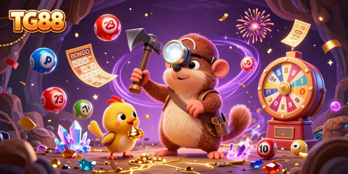 Experience the excitement of TG88 with a treasure-hunting mole and lottery elements in a vibrant casino scene.