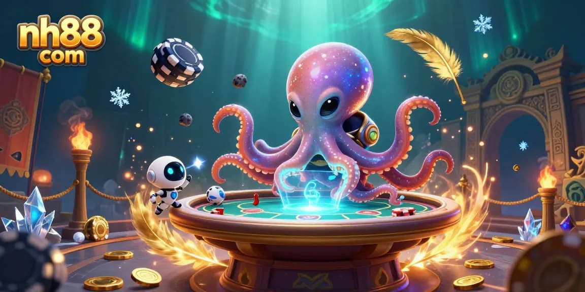 Experience the thrill of playing at nh88 com with an energetic alien octopus at a poker table.
