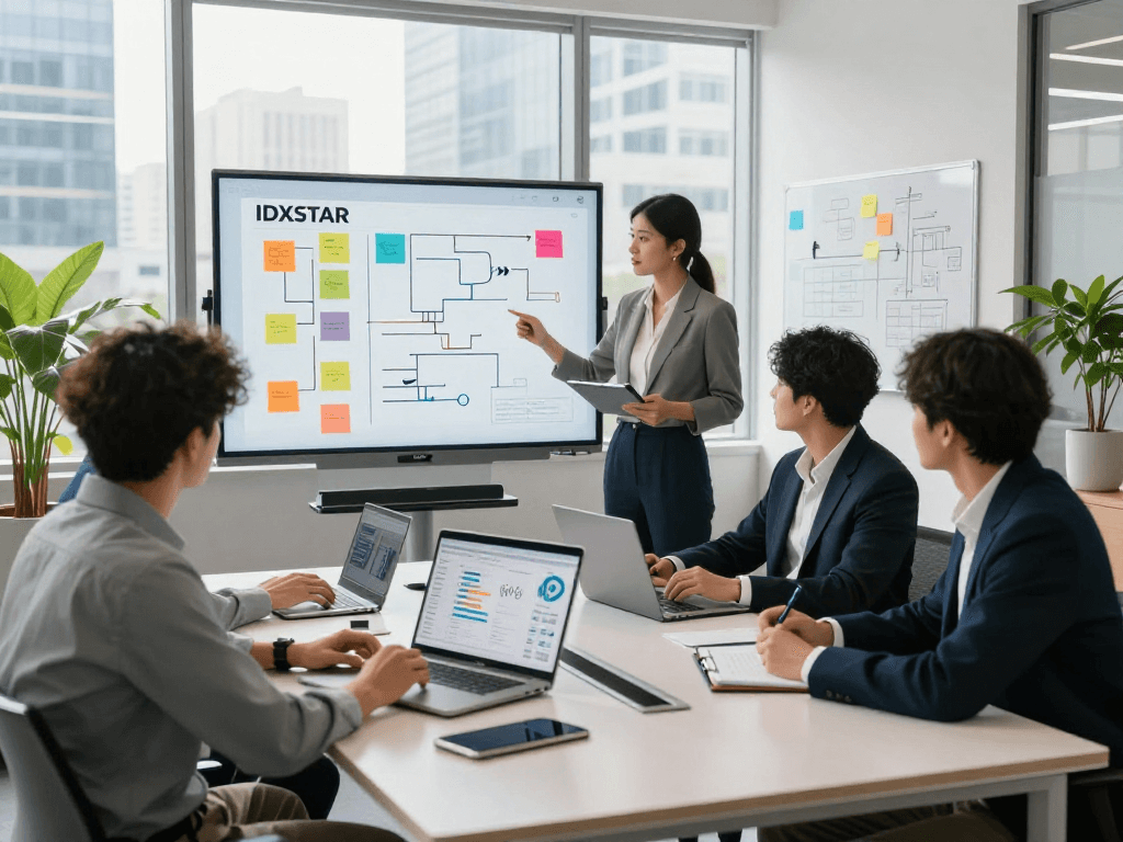 Team collaborating around a conference table discussing IDXSTAR solutions in a modern office.