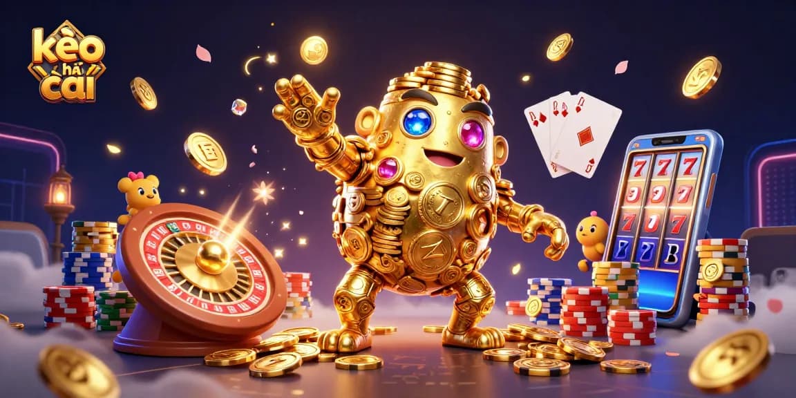 Engage with kèo nhà cái through vibrant 3D casino illustration showcasing a captivating golden golem and dynamic gaming elements.